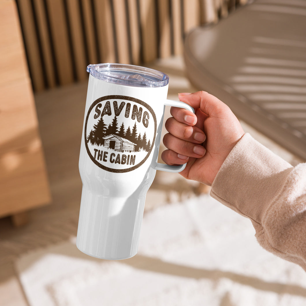 Saving the Cabin logo travel mug with a handle