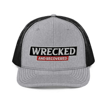 Load image into Gallery viewer, Wrecked &amp; Recovered Text Trucker Cap
