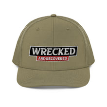 Load image into Gallery viewer, Wrecked &amp; Recovered Text Trucker Cap
